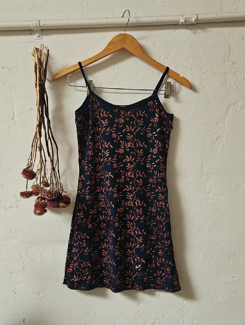 VEASION MAILLE vintage Navy Floral Slip Dress with Copper glitter  Print